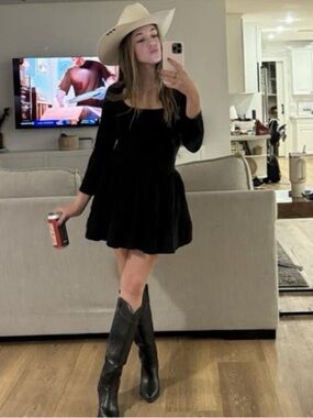 Free People Onda Drop Waist Long Sleeve Mini Dress in Black XS
